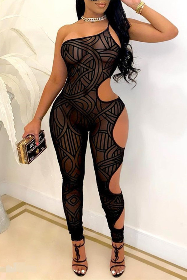 Black Fashion Sexy Patchwork Hollowed Out See-through Backless One Shoulder Skinny Jumpsuits