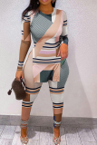 Multicolor Casual Print Slit Letter O Neck Long Sleeve Two Pieces