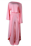 Pink Fashion Casual Solid Slit Oblique Collar Long Sleeve Two Pieces