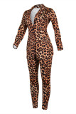 Leopard Print Fashion Casual Print Cardigan Pants Turndown Collar Long Sleeve Two Pieces