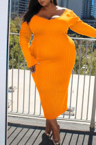 Orange Casual Solid Patchwork V Neck One Step Skirt Plus Size Dresses