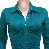 Green Sexy Solid Hollowed Out Patchwork Buckle Fold Turndown Collar One Step Skirt Dresses