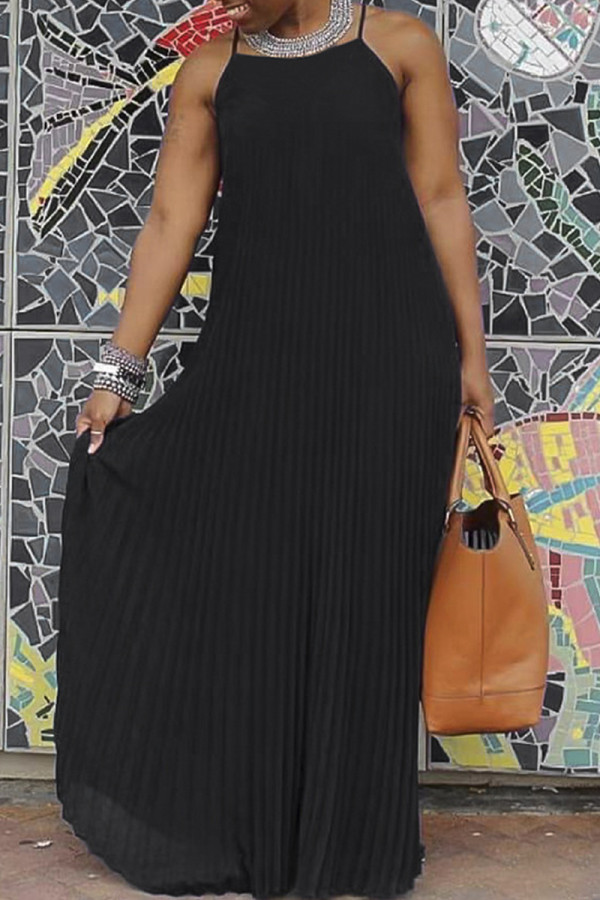 Black Sexy Casual Solid Backless Spaghetti Strap Long Dress