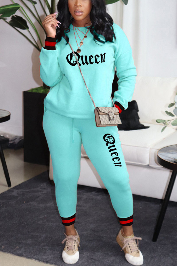 Baby Blue Casual Print Patchwork O Neck Long Sleeve Two Pieces