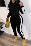Black Casual Solid Patchwork Zipper Hooded Collar Long Sleeve Two Pieces