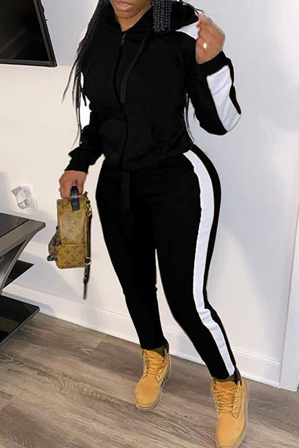 Black Casual Solid Patchwork Zipper Hooded Collar Long Sleeve Two Pieces
