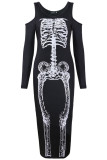 Black Street Punk Print Skull Patchwork U Neck Straight Dresses