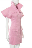 Pink Sexy Casual Solid Patchwork Turndown Collar Short Sleeve Dress
