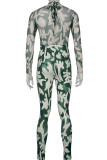 Green Sexy Print Patchwork O Neck Regular Jumpsuits