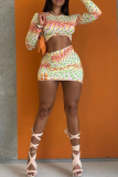 Colour Sexy Print Patchwork O Neck Long Sleeve Two Pieces