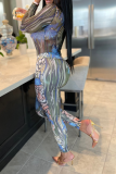 Multicolor Casual Street Print Patchwork Half A Turtleneck Skinny Jumpsuits