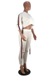 White Fashion Casual Patchwork Ripped Hooded Collar Three Quarter Two Pieces