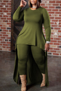 Green Casual Solid Split Joint Asymmetrical O Neck Plus Size Two Pieces