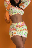 Colour Sexy Print Patchwork O Neck Long Sleeve Two Pieces