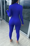 Colorful Blue Casual Solid Patchwork Zipper Regular Jumpsuits