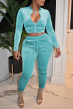 Light Blue Sexy Solid Patchwork Zipper Collar Long Sleeve Two Pieces