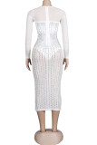 White Fashion Sexy Patchwork Hot Drilling See-through O Neck Long Sleeve Plus Size Dresses