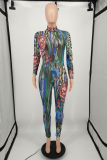 Multicolor Casual Street Print Patchwork Half A Turtleneck Skinny Jumpsuits