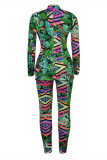 Multicolor Fashion Casual Print Cardigan Pants Turndown Collar Long Sleeve Two Pieces