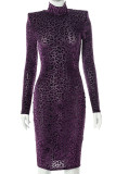 Purple Fashion Leopard Basic Turtleneck Long Sleeve Dresses