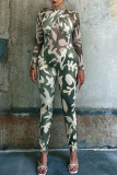 Green Sexy Print Patchwork O Neck Regular Jumpsuits