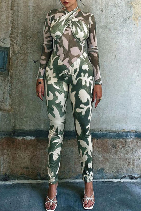 Green Sexy Print Patchwork O Neck Regular Jumpsuits