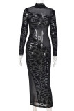 Black Sexy Print Patchwork See-through Slit Half A Turtleneck One Step Skirt Dresses