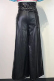 Black Street Solid Split Joint With Belt Straight High Waist Wide Leg Solid Color Bottoms