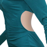 Green Sexy Solid Hollowed Out Patchwork Buckle Fold Turndown Collar One Step Skirt Dresses
