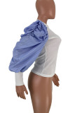 White Casual Striped Print Patchwork Fold O Neck Tops