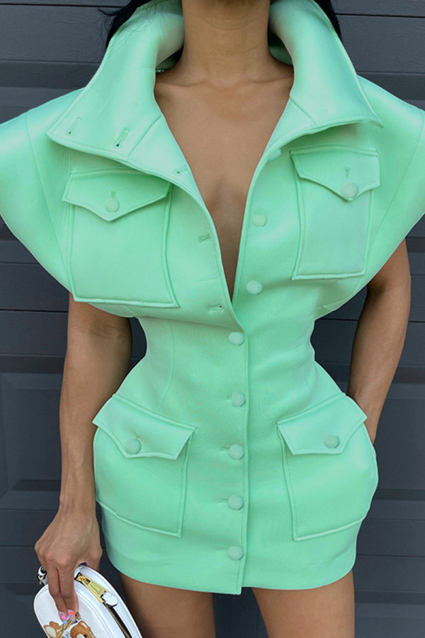 Mint green Sexy Casual Solid Patchwork Turndown Collar Short Sleeve Dress