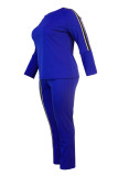Blue Fashion Casual Striped Split Joint O Neck Plus Size Two Pieces