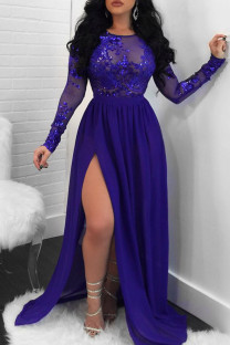 Blue Sexy Patchwork Sequins See-through Slit O Neck Long Sleeve Dresses