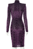 Purple Fashion Leopard Basic Turtleneck Long Sleeve Dresses