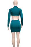 Green Sexy Solid Hollowed Out Patchwork Buckle Fold Turndown Collar One Step Skirt Dresses
