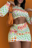 Colour Sexy Print Patchwork O Neck Long Sleeve Two Pieces