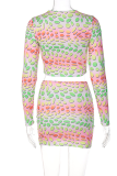 Colour Sexy Print Patchwork O Neck Long Sleeve Two Pieces