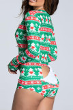 Green Fashion Living Print Patchwork V Neck Long Sleeve Skinny Romper