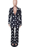 Black Casual Print Polka Dot Split Joint Buttons Turn-back Collar Long Sleeve Two Pieces