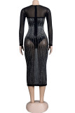 Apricot Fashion Sexy Patchwork Hot Drilling See-through O Neck Long Sleeve Plus Size Dresses