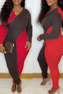 Red Sexy Solid Split Joint V Neck Long Sleeve Two Pieces