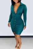 Green Sexy Solid Hollowed Out Patchwork Buckle Fold Turndown Collar One Step Skirt Dresses