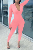 Colorful Blue Casual Solid Patchwork Zipper Regular Jumpsuits