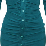 Green Sexy Solid Hollowed Out Patchwork Buckle Fold Turndown Collar One Step Skirt Dresses