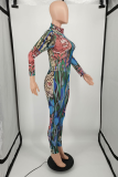 Multicolor Casual Street Print Patchwork Half A Turtleneck Skinny Jumpsuits