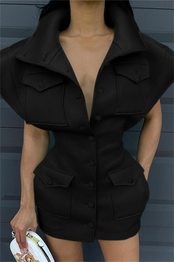 Black Sexy Casual Solid Patchwork Turndown Collar Short Sleeve Dress