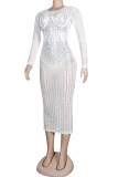 Apricot Fashion Sexy Patchwork Hot Drilling See-through O Neck Long Sleeve Plus Size Dresses