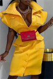 Pink Sexy Casual Solid Patchwork Turndown Collar Short Sleeve Dress