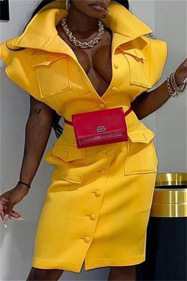 Yellow Sexy Casual Solid Patchwork Turndown Collar Short Sleeve Dress