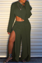 Green Fashion Casual Solid Slit Oblique Collar Long Sleeve Two Pieces